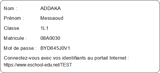 Etat (mot de passe d'un élève)