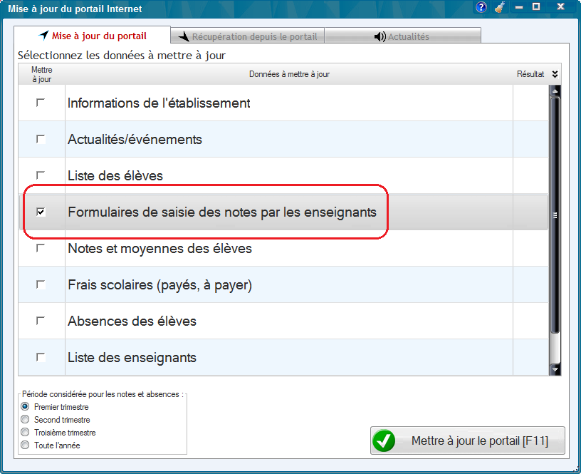 Portail Internet - export des formulaires de saisie des notes