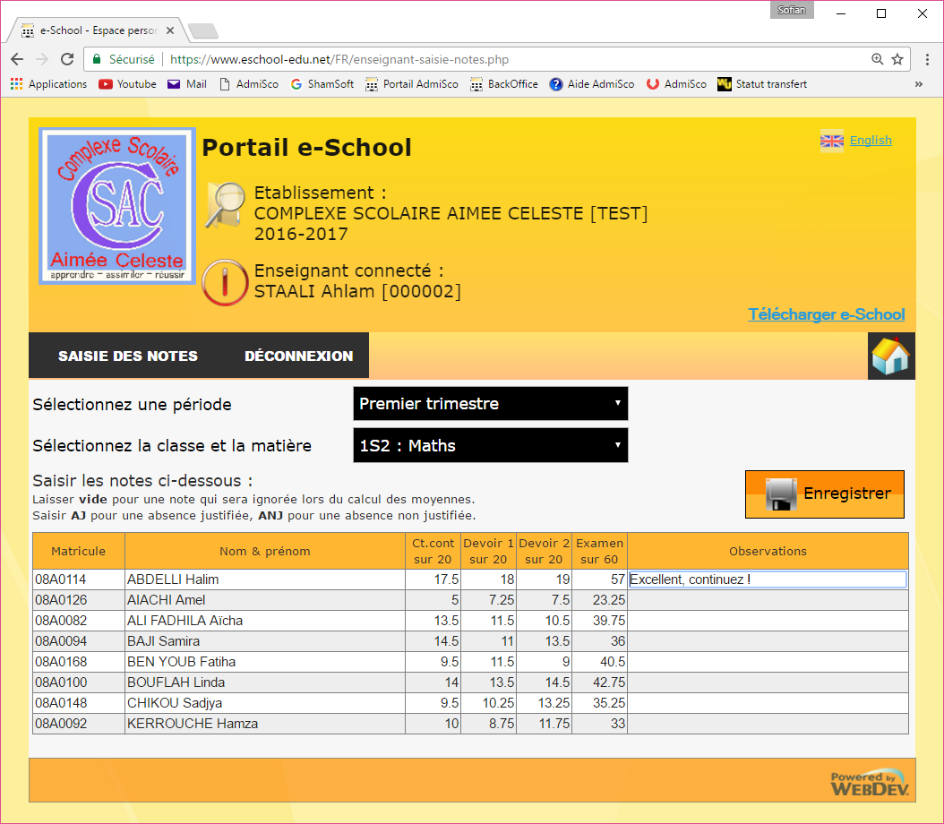 Portail Internet : page de saisie des notes